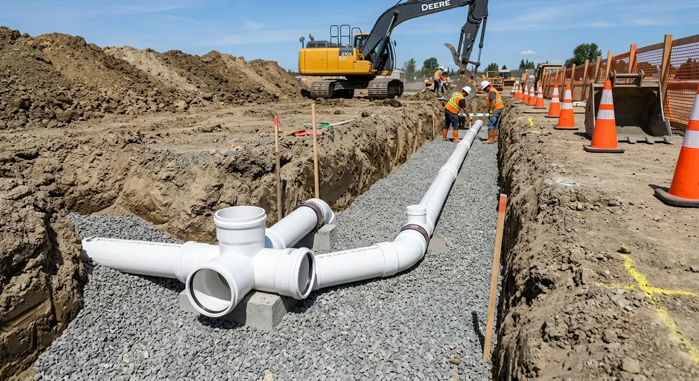 New PVC sewer pipe installation in open trench for Sewer Backup in Holyoke