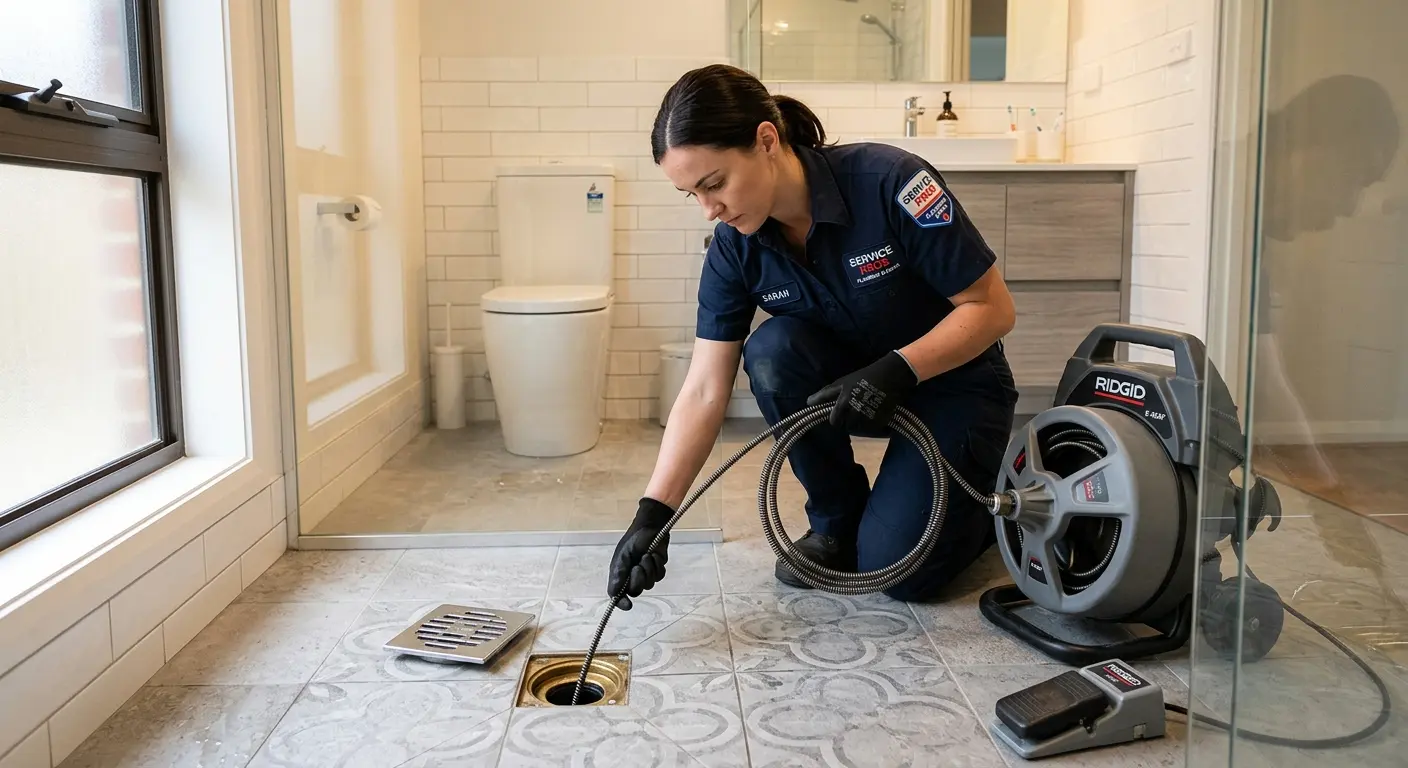 Technician clearing a bathroom floor drain for Drain Cleaning in Holyoke